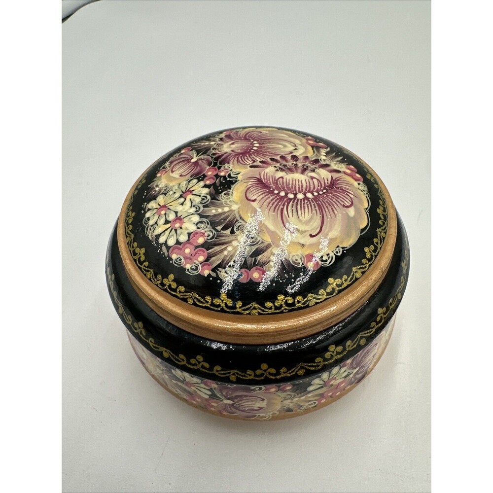 Ukrainian Trinket Box Lacquered Wooden Hand Painted Black and Pink Purple Signed